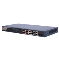 Switch PoE Hikvision - 16 porte RJ45 FE + 2 porte Gigabit RJ45/SFP - 16 Porte PoE+ 802.3af/at - Fino a 230w Potenza PoE totale - PoE Esteso / PoE Watchdog / Isolamento porte - Installazione su rack/parete/desktop