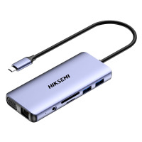 Hub USB-C 11 en 1 Hikvision - Admite carga PD 100 W - Transferencia de datos de 5 Gbps - 2xUSB A 3.0, 2xUSB A 2.0, USB C - HDMI 4K, VGA, Jack 3.5, Ethernet - Lector de tarjetas microSD y SD