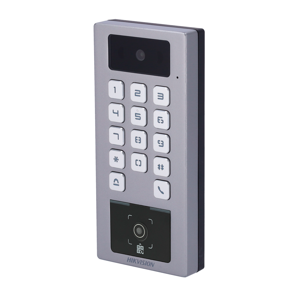 Control de acceso con cámara IP65 IK09 - Tarjeta MF DESFire, QR dinámico y PIN - 10.000 usuarios | 300.000 registros - TCP/IP, WiFi, RS485 y Wiegand - Controladora integrada - iVMS-4200 | Hik-Connect