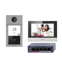 Kit videocitofonico con due relè - Tecnologia IP & WiFi | Switch PoE - Postazione esterna e monitor | Consente di aggiungere 16 monitor - Lettore MF | PoE - App mobile con P2P | Relè interni nel monitor - Montaggio a parete | IP65, IK08