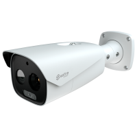 Telecamera termica a doppia ottica Bullet IP Safire Smart - Sensore termico 12 μm 640x512 VOx | Ottica 9 mm - Sensore ottico1/2.7” 5 Mpx | Lente 4 mm - Sensibilità termica ≤ 35mK - IA basata sulla classificazione di persone e veicoli - Intervallo di misurazione della temperatura -20~150ºC / ± 8ºC