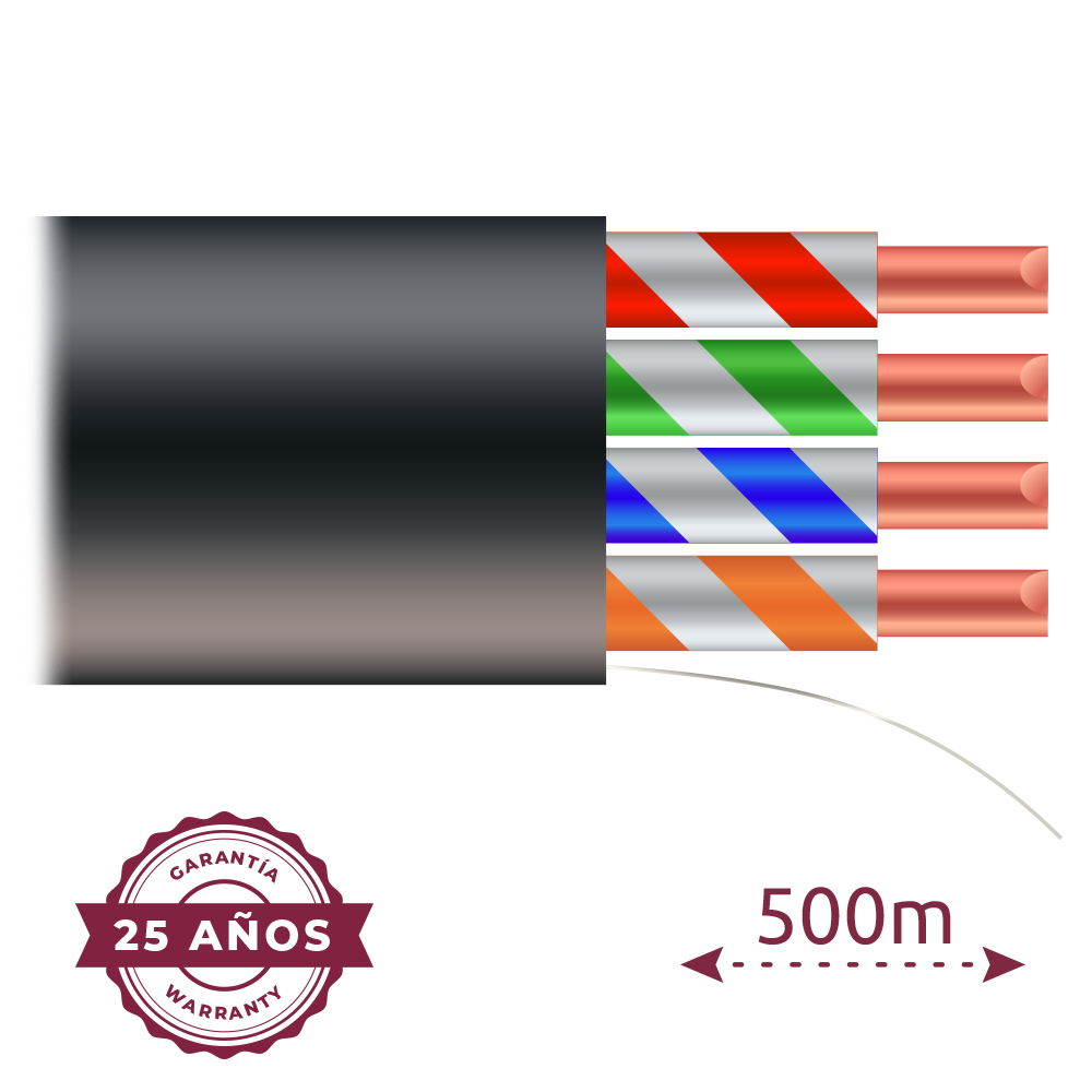 Cavo UTP - Categoria 5E - Bobina da 500 metri - Copertura di colore nero - Diametro 5.5 mm - Guaina speciale per esterni