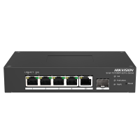 Switch PoE Hikvision - 4 puertos RJ45 FE + 1 puerto Gigabit RJ45/SFP - 4 Puertos PoE+ 802.3af/at - Hasta 60w de Potencia PoE Total - PoE Extendido / PoE Watchdog / Port Isolation - Instalación en pared/sobremesa