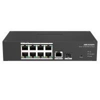Switch PoE Hikvision - 8 puertos RJ45 FE + 1 puerto Gigabit RJ45/SFP - 8 Puertos PoE+ 802.3af/at - Hasta 110w de Potencia PoE Total - PoE Extendido / PoE Watchdog / Port Isolation - Instalación en pared/sobremesa