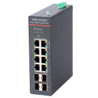 Hikvision Switch Industrial PoE Cloud Capa 2 - 8 puertos PoE+ Gigabit + 4 puertos SFP Gigabit - Compatible 802.3af/at/bt  / Máximo 300W - Static LAG/DHCP Snoop/IGMP Snoop/Port Mirror - VLAN/Loop Prevention/STP/RSTP/ACL/Watchdog - Montaje en carril DIN